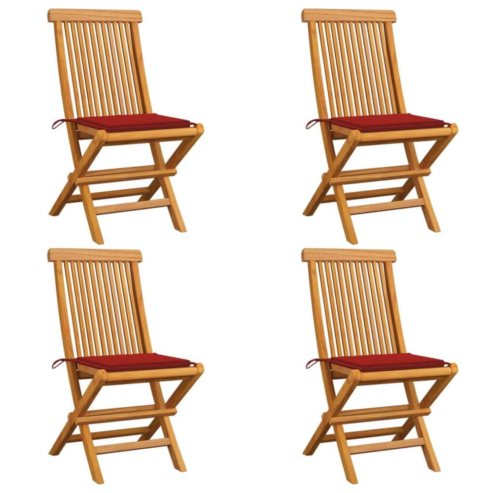 Petromila vidaXL Záhradné stoličky, červené podložky 4 ks, tíkový masív